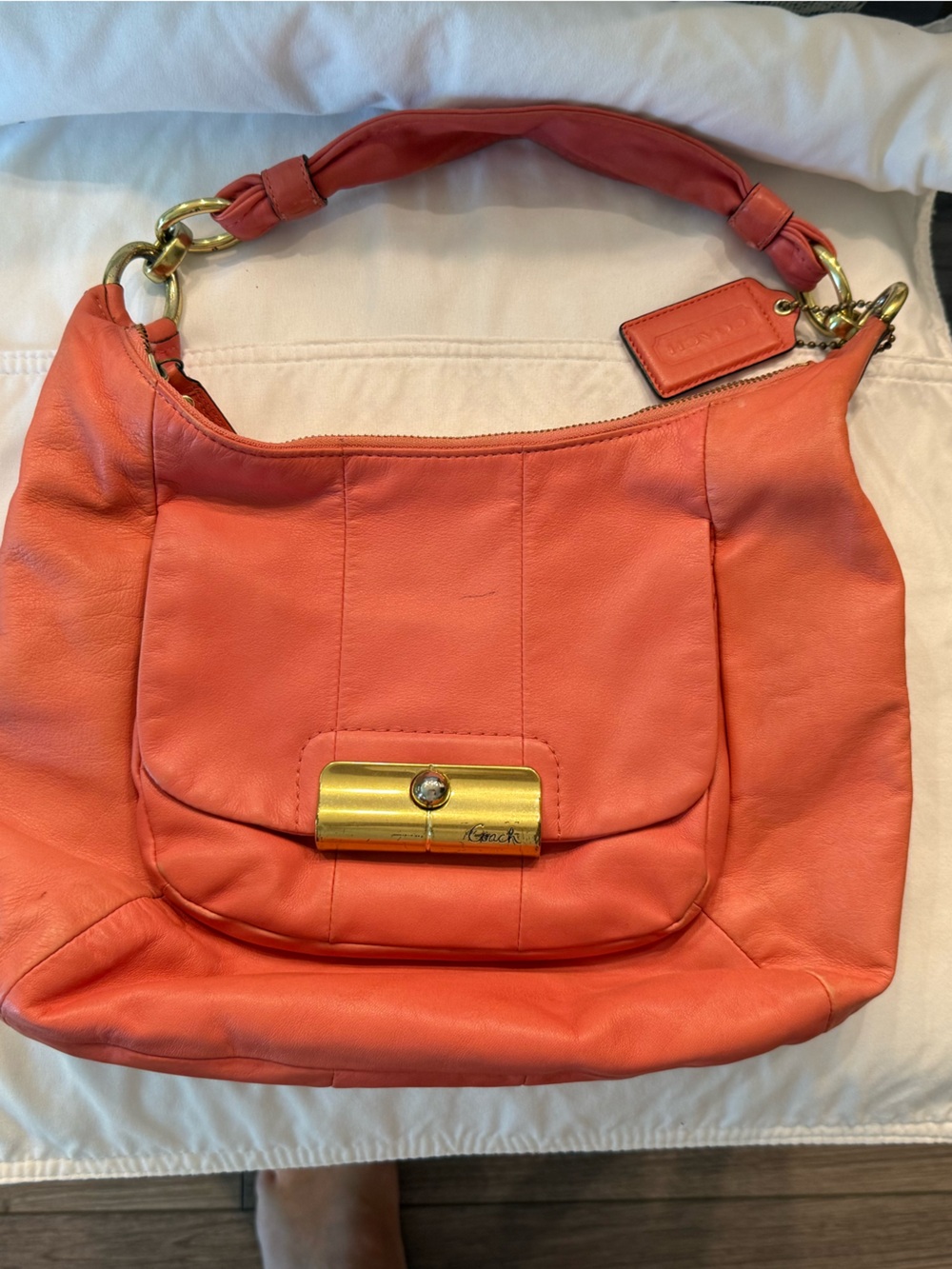 Vintage Coach Coral Leather Hobo Shoulder Bag with Gold Hardware